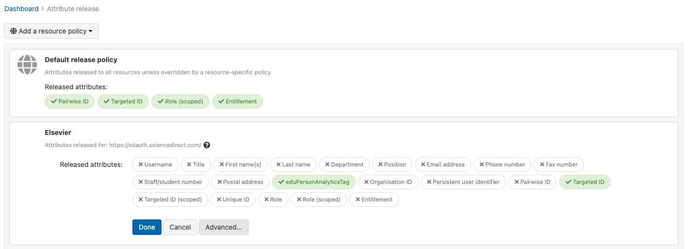 List of released and unreleased attributes in a custom release policy. Two attributes are marked as released - 'Targeted ID' and 'eduPersonAnalytics Tag'. Following the list are buttons labeled 'Done', 'Cancel' and 'Advanced'.