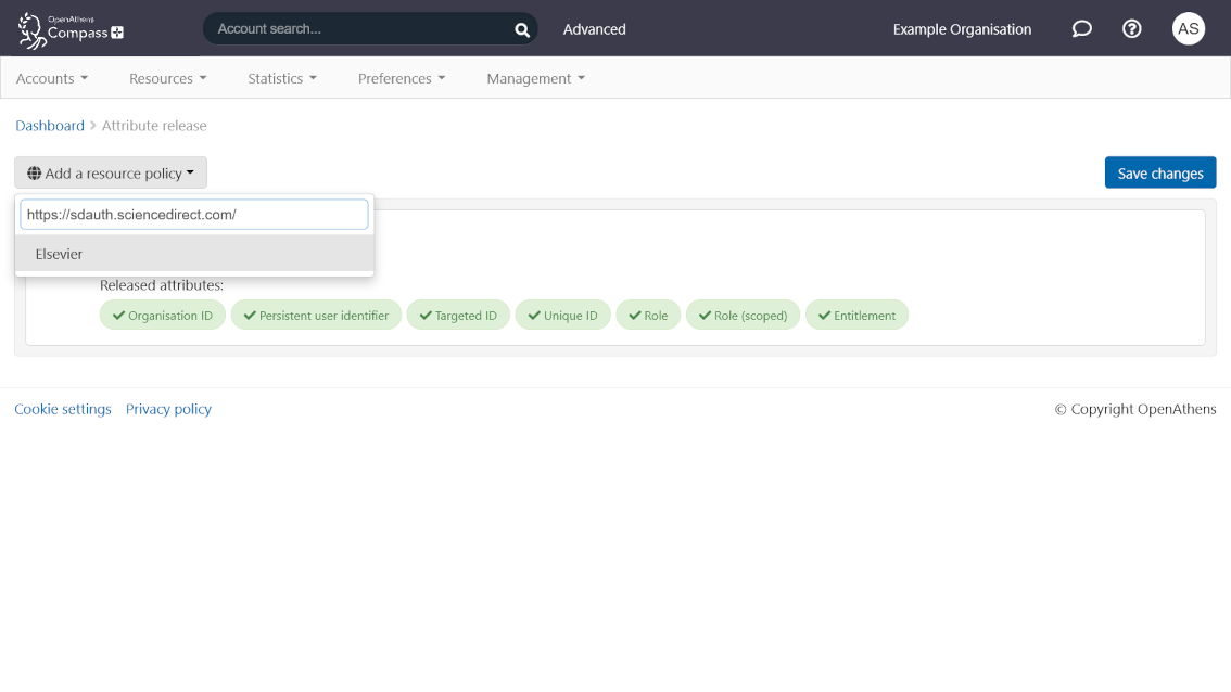 Attribute release page. Under 'Add a resource policy', there is a search field containing an entity ID and a suggested search result that matches that ID.