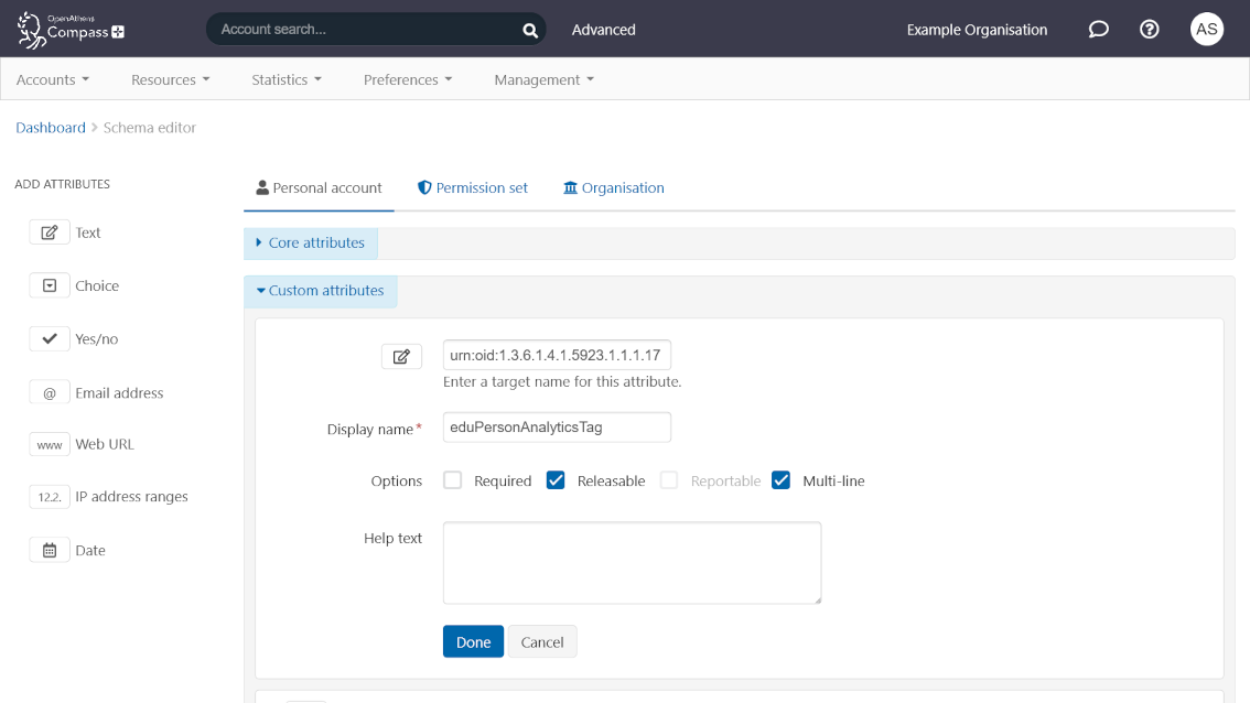 Options for configuring a new custom attribute. These include target name, display name, and whether the attribute is required, releasable and reportable. Following these fields are buttons labeled 'Done' and 'Cancel'.