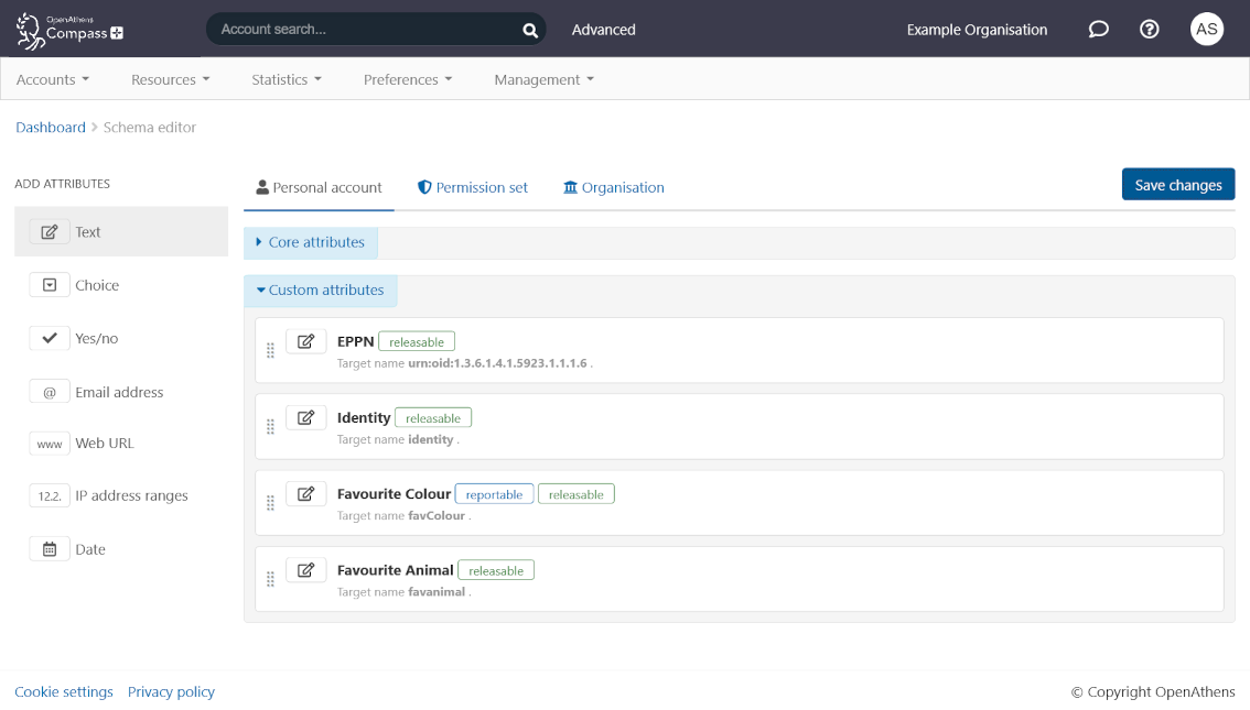 Schema editor. A sidebar lists available attribute types under the heading 'Add attributes'. These include 'text', 'choice', 'yes or no', 'email address', 'web URL', 'IP address ranges' and 'date'. The main content area shows example custom attributes, including 'favorite color'. There is an option to edit each attribute.