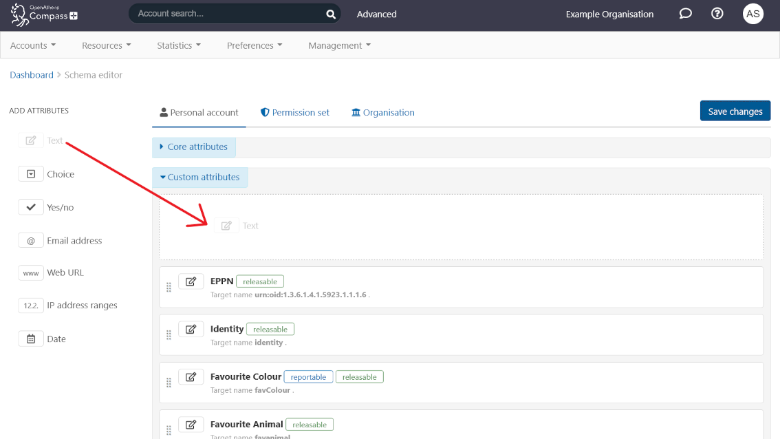 The attribute type 'text' has been dragged from the sidebar into the content area, creating a new editable custom attribute.
