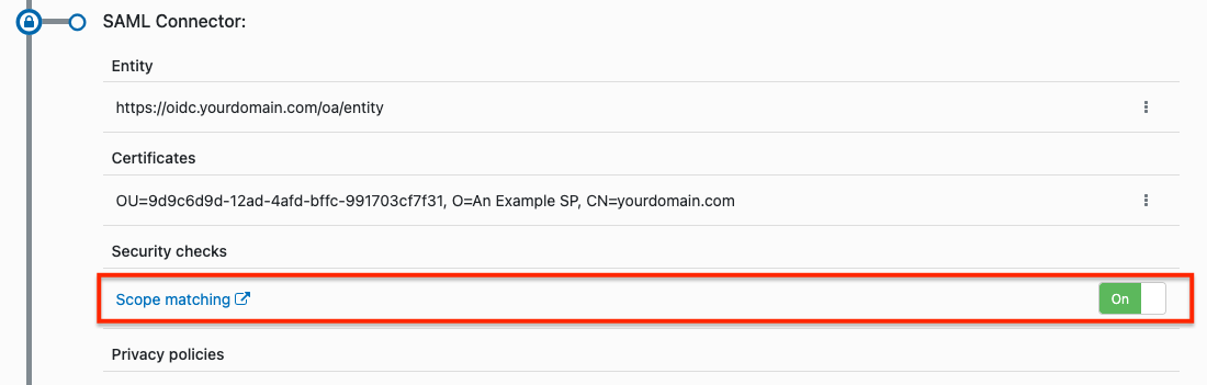 Screenshot. 'SAML Connector' section of a connection's Details tab. Under the subheading 'Security checks', the option 'Scope matching' is set to 'On'.