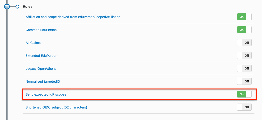 Screenshot. 'Rules' section of a connection's Details tab. The option 'Send expected IdP scopes' is set to 'On'.