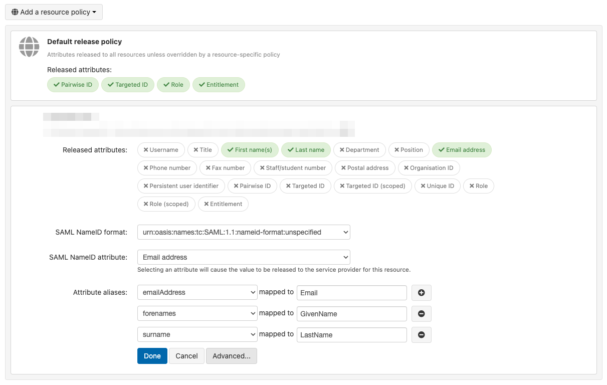 List of attributes for the 'Default release policy'. Following the list are advanced editing options - 'SAML NameID format', 'SAML NameID attribute' and 'Attribute aliases', a list of editable mappings. Following these fields are buttons marked 'Done', 'Cancel' and 'Advanced'.