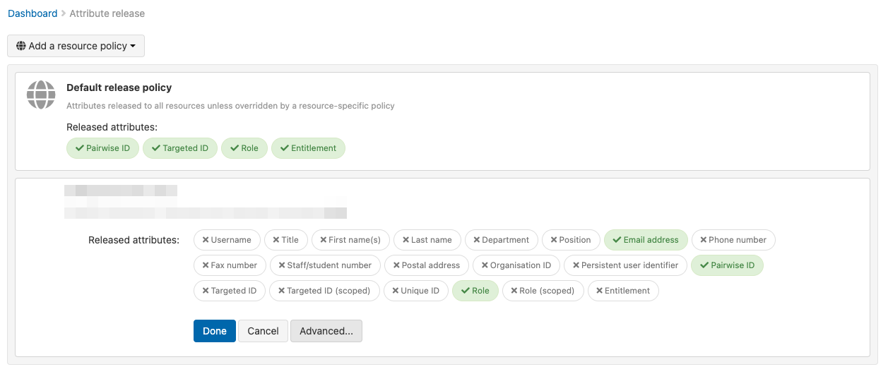 List of attributes under the 'Default release policy'. Three attributes,'Email address', 'Pairwise ID' and 'Role', are marked as releasable. All others are not currently releasable. Following the list of attributes are buttons marked 'Done', 'Cancel' and 'Advanced'.