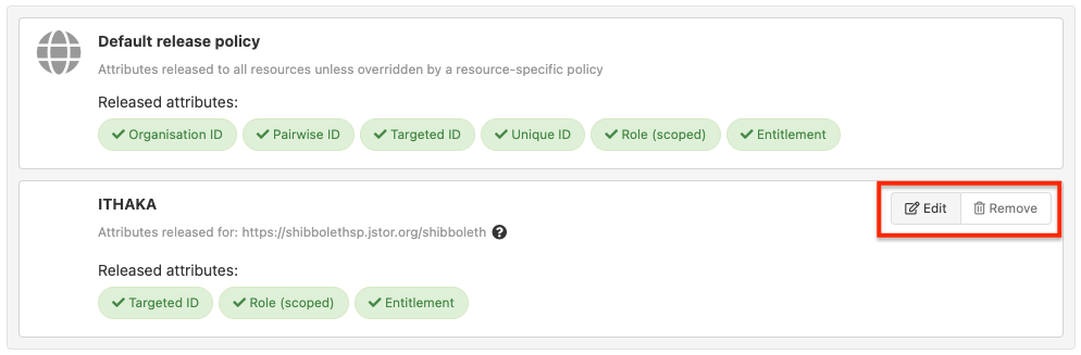 List of release policies. The second policy shows 'Edit' and 'Remove' buttons.