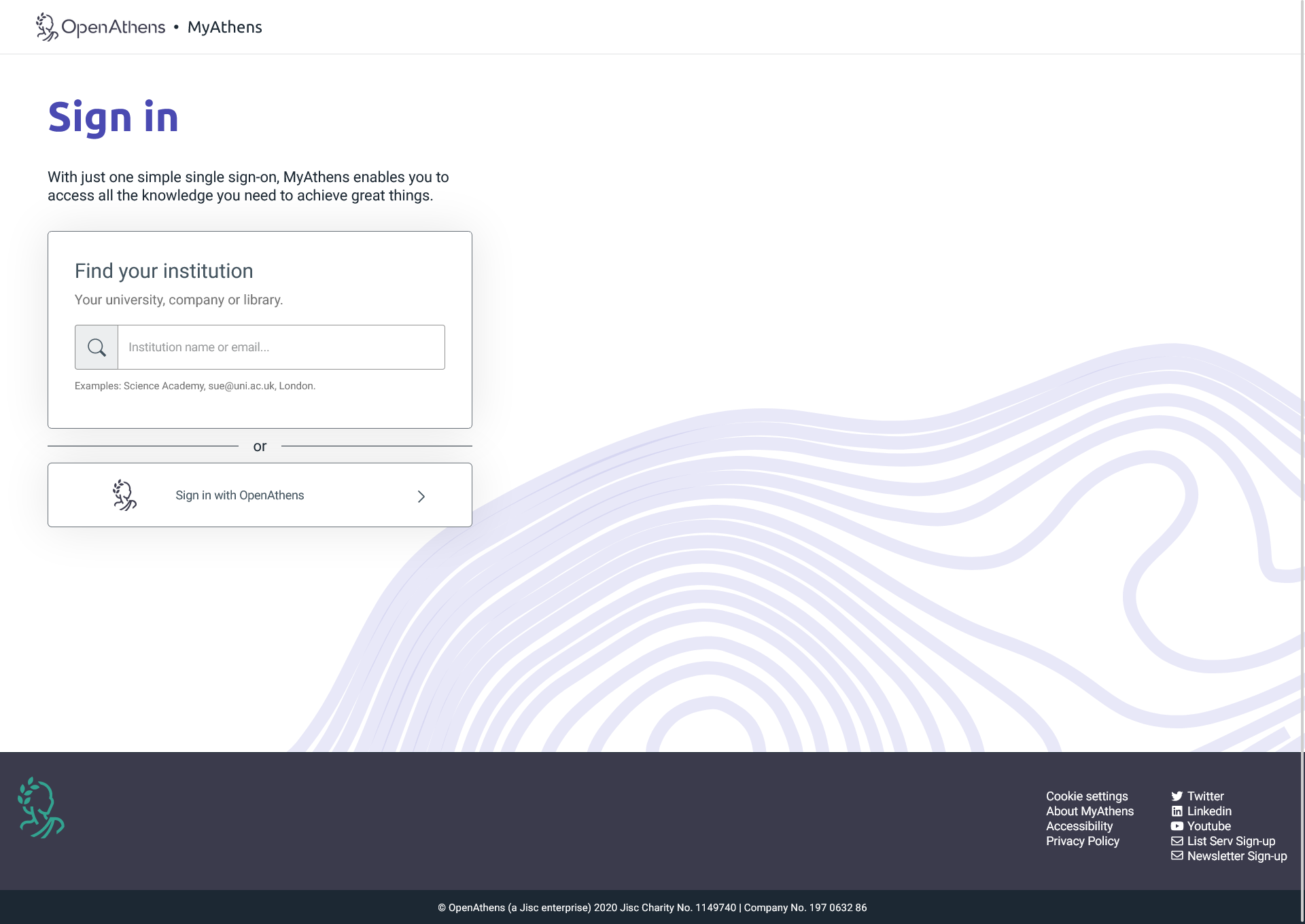 MyAthens login screen. There is a search field labeled 'Find your institution'. There is also a link to 'Sign in with OpenAthens'.