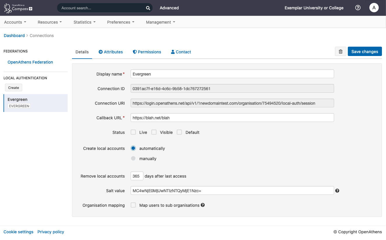 Details of a local connection called 'Evergreen'. They include the fields 'Display name', 'Connection ID', 'Connection URL', 'Callback URL', 'Status', 'Create local accounts' (which can be set to 'automatically' or 'manually'), 'Remove local accounts' (after a specified time period), 'Salt value' and 'Organization mapping'. At the top of the page is a button labeled 'Save changes'.