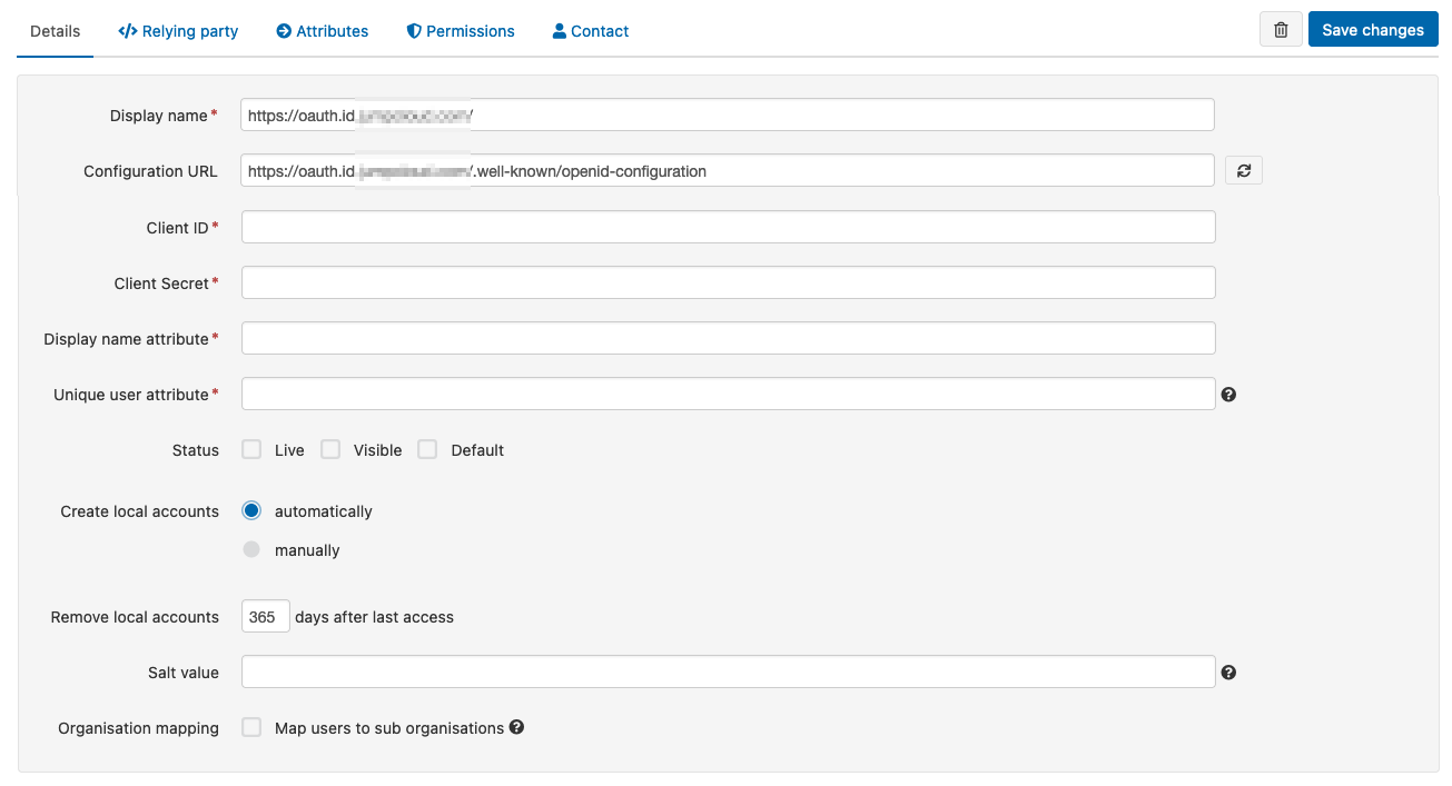Details tab of a connection. It includes the fields 'Display name', 'Configuration URL', 'Client ID', 'Client Secret', 'Display name attribute', 'Unique user attribute', 'Status', 'Create local accounts' (which can be set to 'automatically' or 'manually'), 'Remove local accounts' (after a specified time period), 'Salt value' and 'Organization mapping'. At the top of the page is a button labeled 'Save changes'.