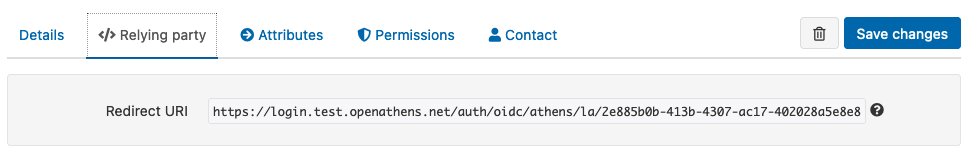 Relying party tab. This tab contains a field labeled 'Redirect URI'. At the top of the page is a button marked 'Save changes'.