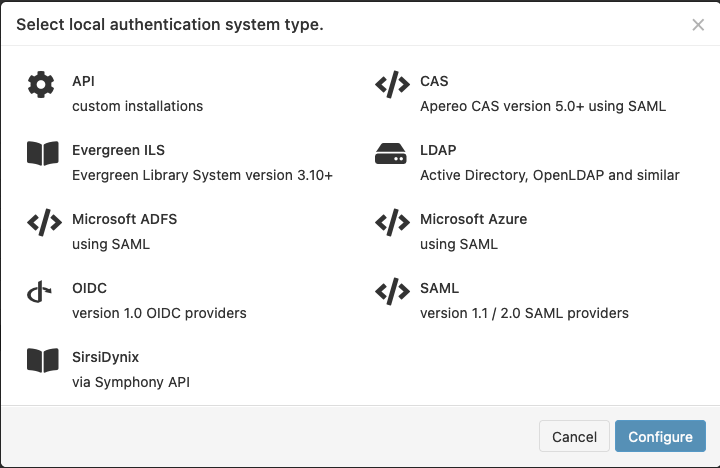 Pop-up window titled 'Select local authentication system type'. It shows the options 'API', 'Evergreen ILS', 'Microsoft ADFS', 'OIDC', 'SirsiDynix', 'CAS', 'LDAP', 'Microsoft Azure' and 'SAML'. At the bottom of the window are buttons labeled 'Configure' and 'Cancel'.