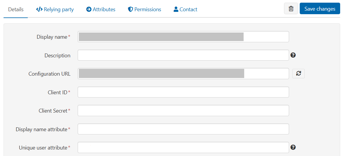 Top section of the Details tab of an OIDC connection. It shows the fields 'Display name', 'Description', 'Configuration URL', 'Client ID', 'Client Secret', 'Display name attribute' and 'Unique user attribute'. At the top of the page is a button labeled 'Save changes'.