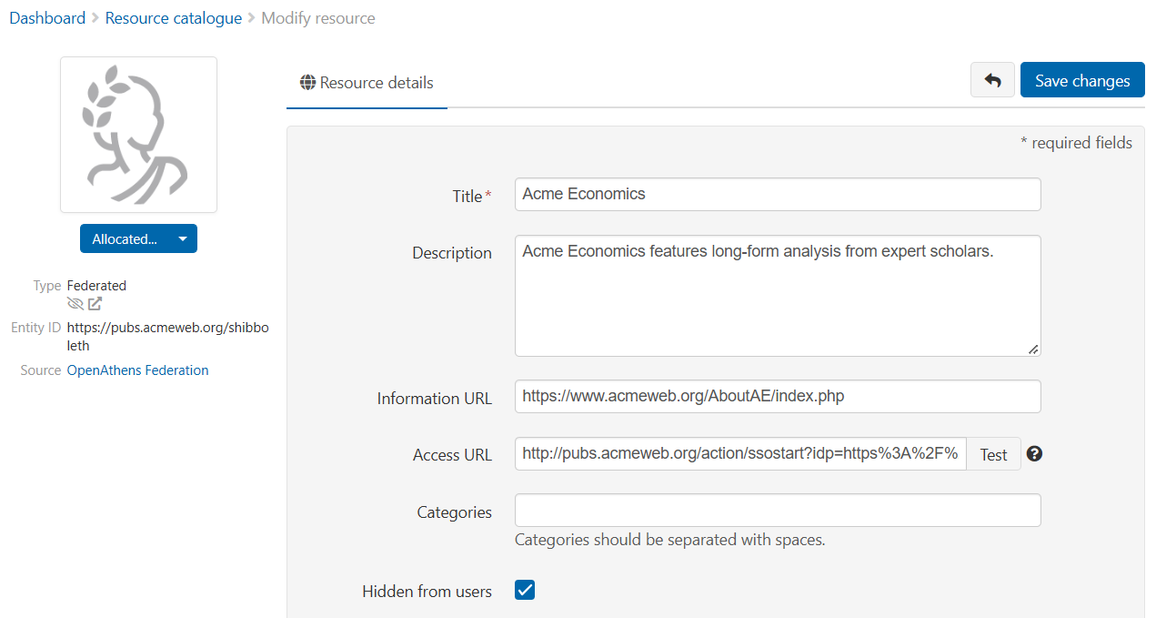 Editable details of a resource called 'Acme Economics'. The 'Hidden from users' icon is shown in a sidebar. Editable fields include 'Title', 'Description', 'Information URL', 'Access URL', 'Categories', and a check box labeled 'Hidden from users'. At the top right of the page is a 'Save changes' button.
