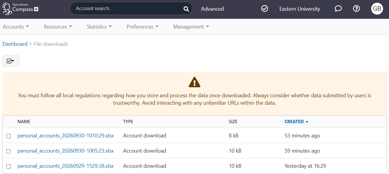 File downloads page, showing generated downloads in the form of a table. The table has four columns - 'Name', 'Type', 'Size' and 'Created'. At the top of the page is a warning message about information security (same as the note that follows).