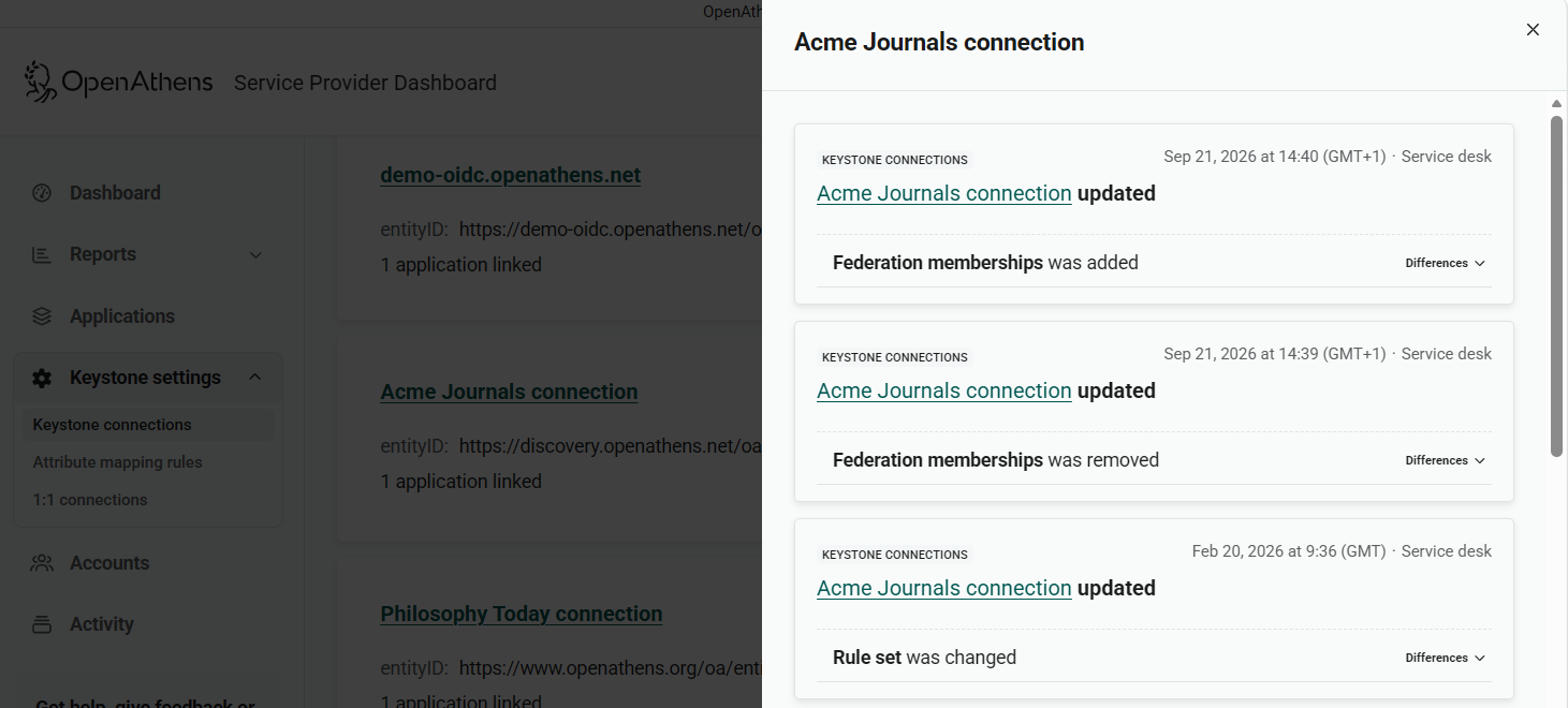 List of changes to a connection called 'Acme Journals connection'. Each entry gives the date of the change, the action that took place (for example, 'Federation memberships was added') and the user who made the change. At the bottom right of each entry is a control labeled 'Differences'.