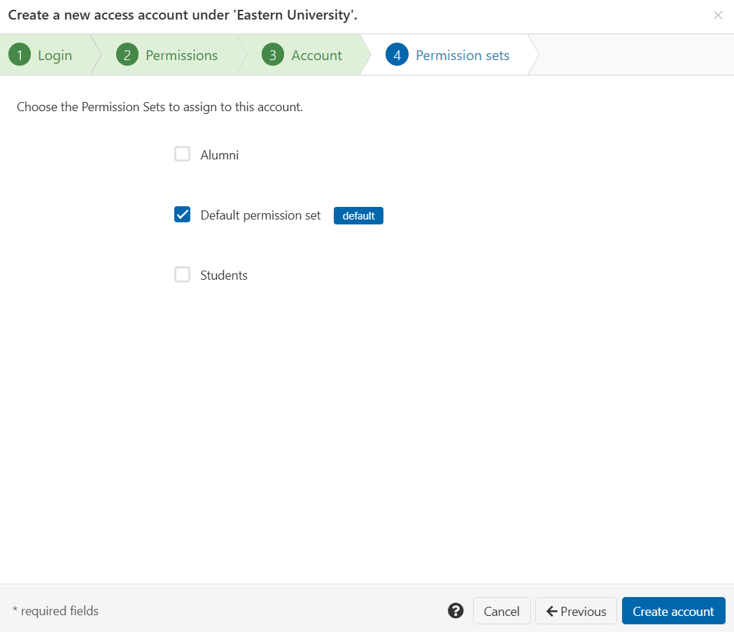 Permission sets tab of the 'Create a new access account' wizard. There is a list of three permission sets, each with a check box that can be ticked or unticked. The second permission set, marked as default, is ticked. At the bottom of the screen are buttons labeled 'Create account', 'Previous' and 'Cancel'.