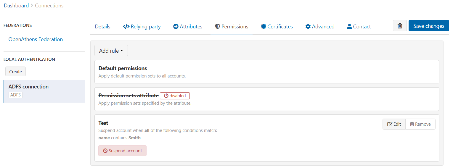 Permissions tab of a connection called 'ADFS connection', showing a list of existing rules. Next to a rule called 'Test' are buttons labeled 'Edit' and 'Remove'.