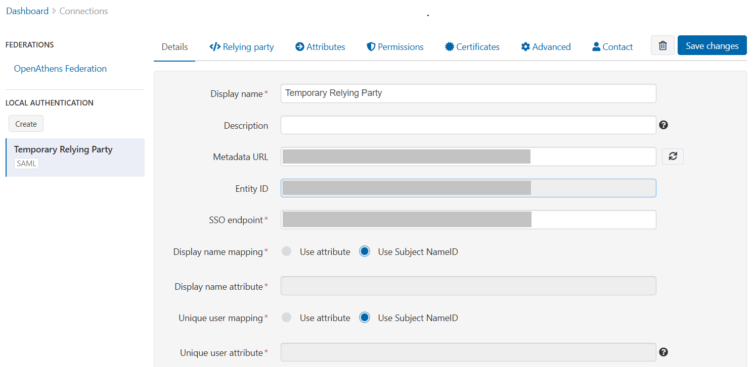 Details of a connector called 'Temporary Relying Party'. Its settings are divided into several tabs - 'Details' (the default), 'Relying party', 'Attributes', 'Permissions', 'Certificates', 'Advanced' and 'Contact'. Fields shown in the default Details tab include 'Display name', 'Description', 'Metadata URL', 'Entity ID', 'SSO endpoint', 'Display name mapping', 'Display name attribute', 'Unique user mapping' and 'Unique user attribute'. There are also buttons to 'Save changes' or delete the connector.