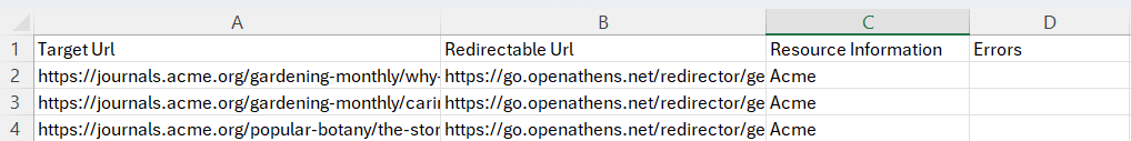Example of a results file, containing four columns - Target URL, Redirectable URL, 'Resource Information' and 'Errors' - and three rows.