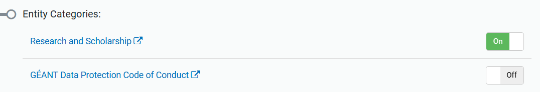 Subsection of the Details tab headed 'Entity Categories'. It shows two settings, 'Research and Scholarship' and 'GEANT Data Protection Code of Conduct'. Each setting has a switch that can be set to 'On' or 'Off'.