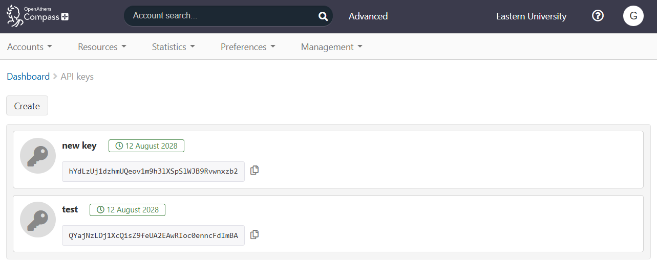 Main API key page, showing the list of current keys. The list now includes two keys, 'new key' and 'test'. Each listing shows the name of the key, an expiry date, the key itself (a long string of letters and numbers) and a 'copy' button.