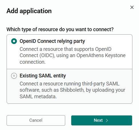 Pop-up window titled 'Add application'. Following the question 'What type of resource do you want to connect' is a choice of two options, 'Open ID relying party' and 'Existing SAML entity'. 'OpenID Connect relying party' is selected. At the bottom of the window are 'Next' and 'Cancel' buttons.