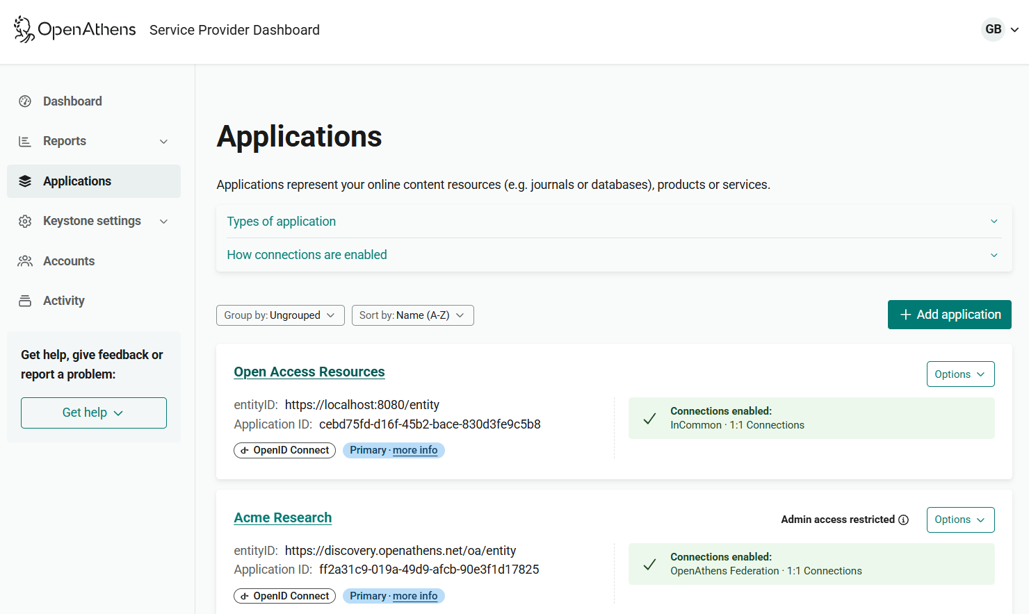 Applications page, showing a list of current applications. Each entry includes the title of the application (which links to further details), the entityID, application ID, what type of connection it uses, whether it is the primary application, and which connections provide access. Beside each application is a drop-down menu labeled 'Optio