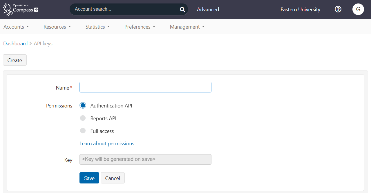 API keys page, showing a form for creating a new key. There is a text field called 'Name' (marked as mandatory), followed by a choice of permissions - 'Authentication API' (selected), 'Reports API' and 'Full access'. There is also a field called 'Key', which is not editable and reads 'Key will be generated on save'. Finally, there are 'Save' and 'Cancel' buttons.