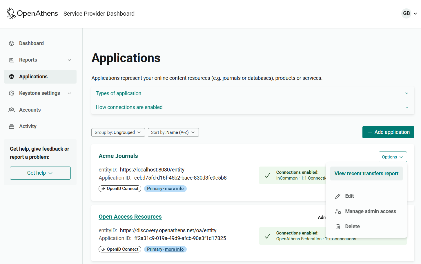 Applications page, showing a list of applications. Beside each application is a menu labeled 'Options'. The Options menu for one application is open to show available actions - 'View recent transfers report', 'Edit', 'Manage admin access' and 'Delete'. 'View recent transfers report' is highlighted.