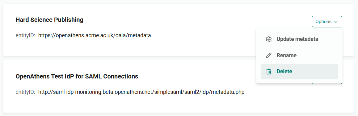Listing for a connection called 'Hard Science Publishing'. The Options menu is open to show the options 'Update metadata', 'Rename' and 'Delete'. 'Delete' is highlighted.
