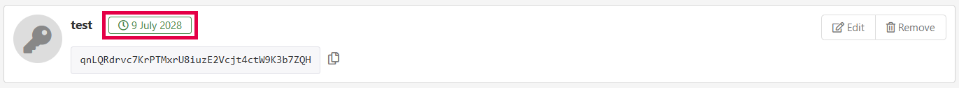 Listing for an API key called 'test'. Beside the name of the key is its expiry date, 9 July 2028.