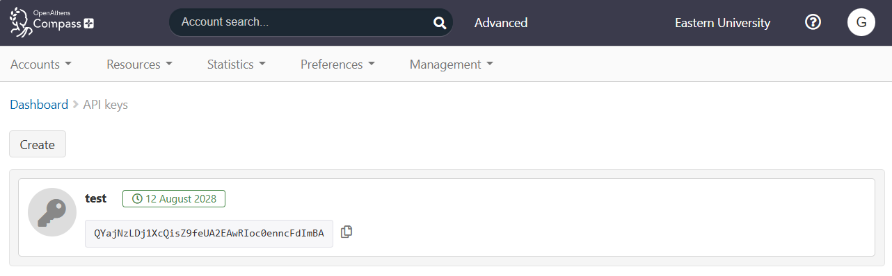 Main API keys page. It shows a list of current keys and a 'Create' button. There is one key in the list, called 'test'.