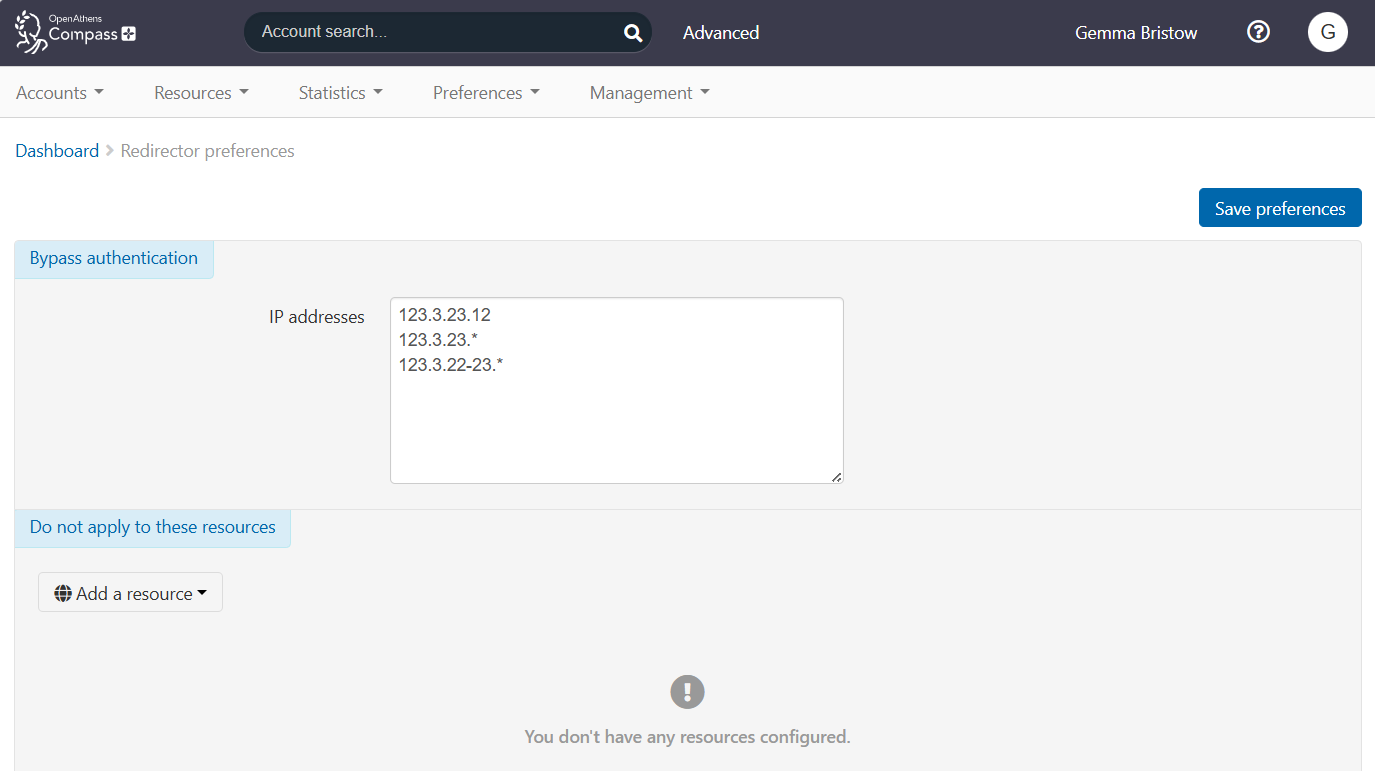 Redirector preferences page. The 'IP addresses' field contains a short list of addresses. Following this, under the heading 'Do not apply to these resources, is a drop-down control labeled 'Add a resource'. At the top of the page is a 'Save preferences' button.