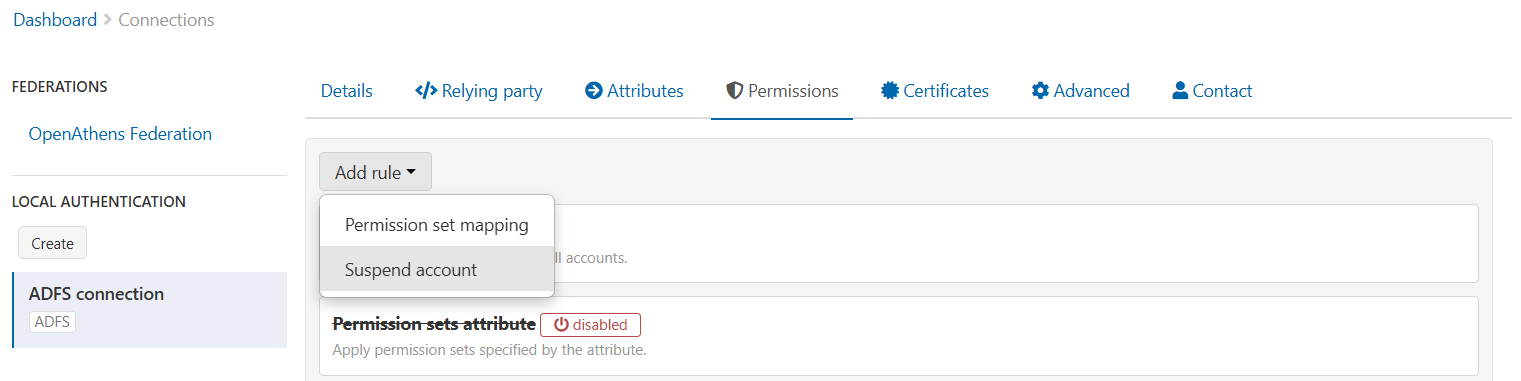 Permissions tab of 'ADFS connection'. The 'Add rule' drop-down menu is open to show two options, 'Permission set mapping' and 'Suspend account'. 'Suspend account' is highlighted.