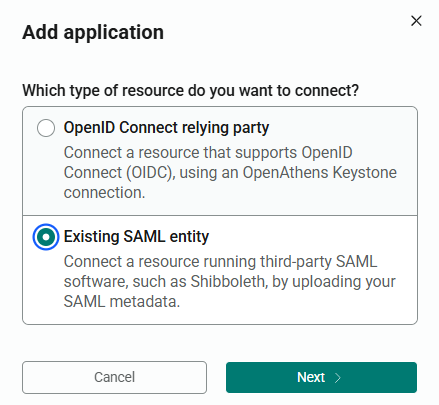 Pop-up window titled 'Add application'. Following the question 'What type of resource do you want to connect' is a choice of two options, 'Open ID relying party' and 'Existing SAML entity'. 'Existing SAML entity' is selected. At the bottom of the window are 'Next' and 'Cancel' buttons.