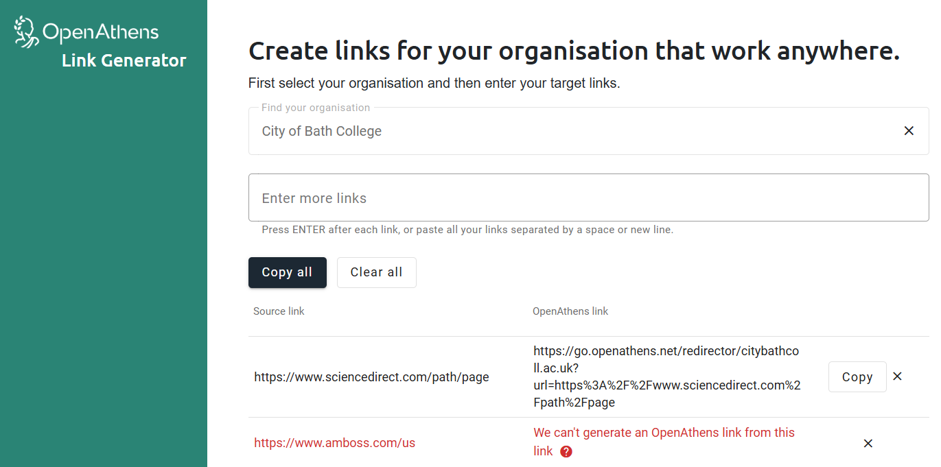 Link Generator screen showing the generated output in two columns. The 'Source link' column contains the submitted URLs. The column 'OpenAthens link' contains the redirector link generated from each URL or, in one case, an error message that states 'We can't generate an OpenAthens link from this link'. Beside each generated link is a 'Copy' button. There is also a 'Copy all' button at the top of the list of links.