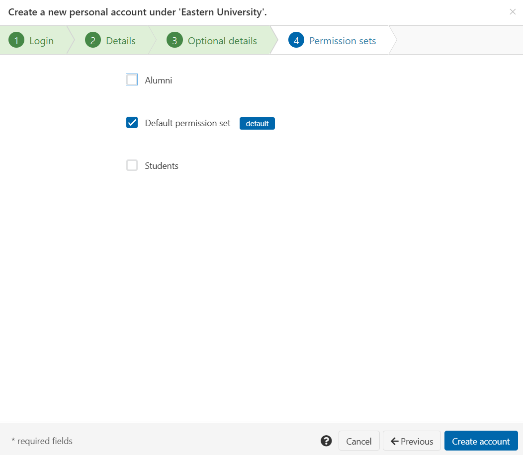 Permission sets tab of the 'Create a new personal account' wizard. There is a list of three permission sets, each with a check box that can be ticked or unticked. The second permission set, marked as default, is ticked. At the bottom of the screen are buttons labeled 'Create account', 'Previous' and 'Cancel'.