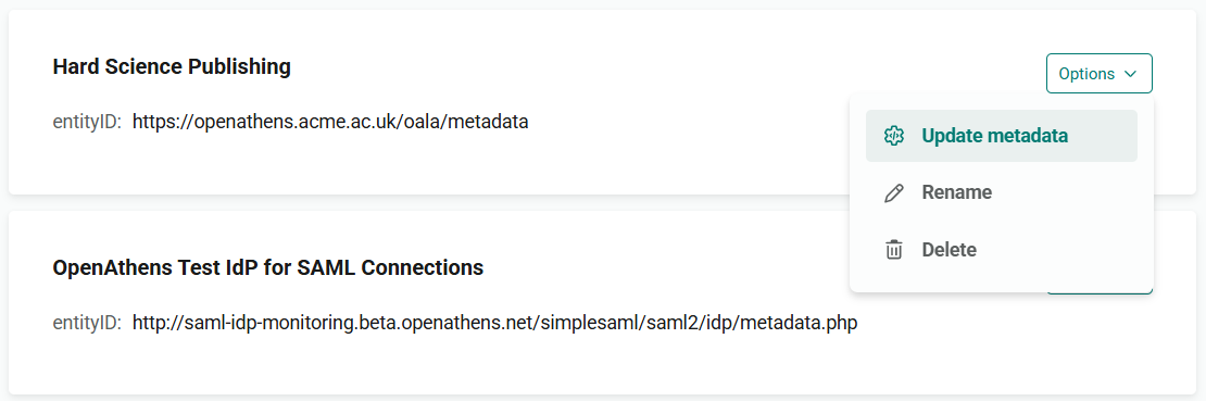 Options menu for an entity called 'Hard Science Publishing' expanded to show the options 'Update metadata' (which is highlighted), 'Rename' and 'Delete'.