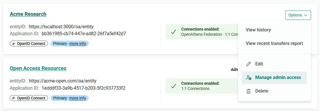 Options menu of an application called 'Open Access Resources'. The menu is open to show the options 'View history', 'View recent transfers report', 'Edit', 'Manage admin access' and 'Delete'. 'Manage admin access' is highlighted.