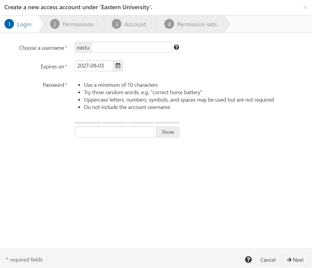 Login tab of a wizard titled 'Create a new access account'. There is a text field, 'Choose a username', in which the account prefix is already loaded. This is followed by a date field labeled 'Expires on', and a field labeled 'Password'. At the bottom of the screen are buttons marked 'Next' and 'Cancel'.