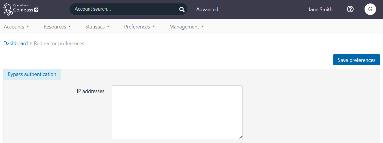 Redirector preferences page. Under the heading 'Bypass authentication' is a large text field labeled 'IP addresses', which is currently empty. At the top of the page is a 'Save preferences' button.