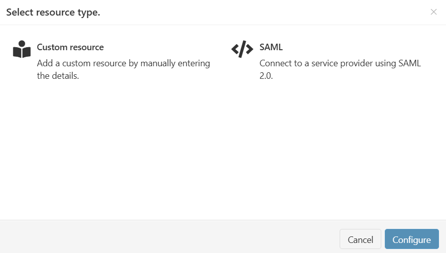 Pop-up window titled 'Select resource type'. It has two options - 'Custom resource. Add a custom resource by manually entering the details' and 'SAML. Connect to a service provider using SAML 2.0'. At the bottom of the window are 'Configure' and 'Cancel' buttons.