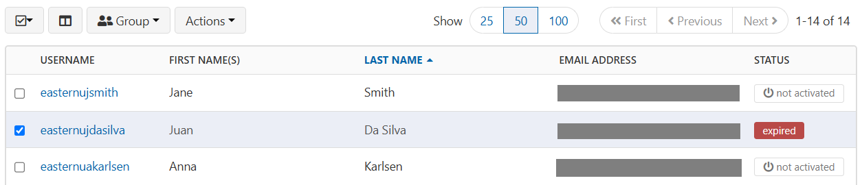 Three user accounts at the top of the accounts list. One of the accounts is ticked. The other two are unticked.