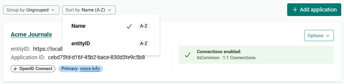 'Sort by' drop-down menu above the list of applications. It is open to show two options, 'Name' and 'entityID'. The option 'Name' is currently selected.