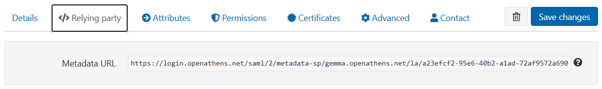 'Relying party' tab of the connector. It contains a single field, 'Metadata URL', in which a URL is pre-loaded.