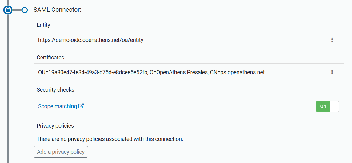Section titled 'SAML Connector' in the Details tab of a connection. It includes several subheadings - 'Entity', followed by URL, 'Certificates', followed by certificate details, 'Security checks', followed by a setting called 'Scope matching' which can be toggled on or off, and 'Privacy policies', following which is a button marked 'Add a privacy policy'.