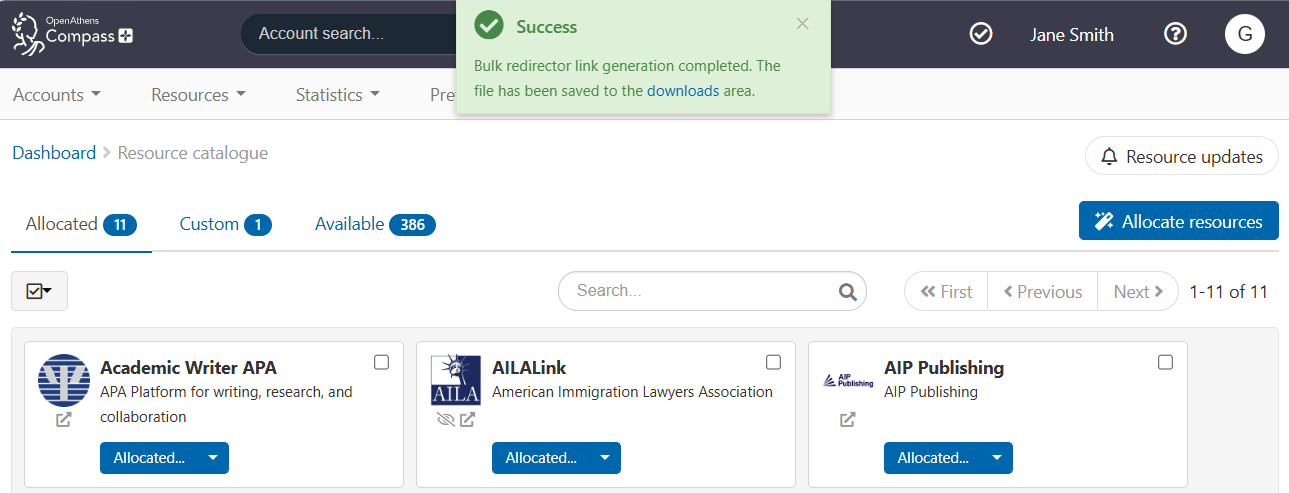 Message displayed at the top of the resource catalogue page. The message reads 'Success - Bulk redirector link generation completed. The file has been saved to the downloads area.' The word 'downloads' is a link.