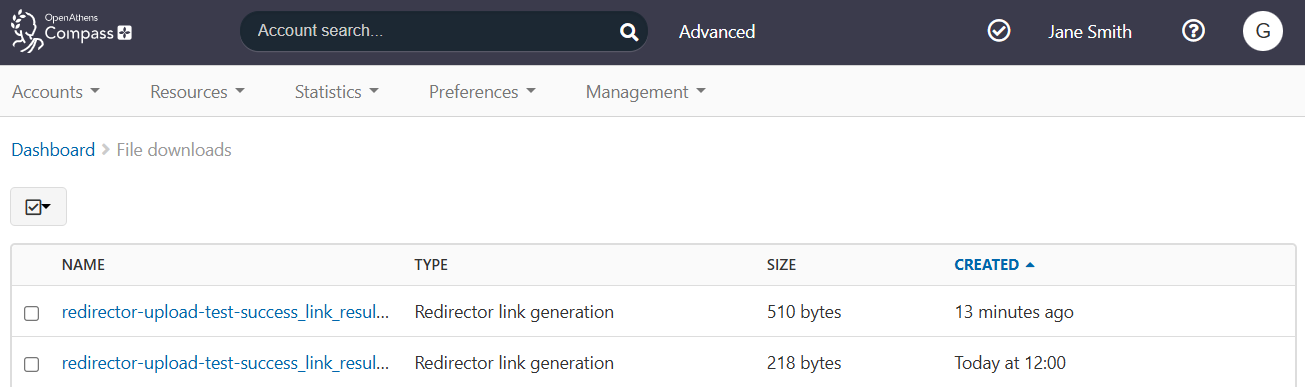 File downloads page, showing a list of files. The files have the type 'Redirector link generation' and are listed in chronological order. The name of each file is an active link.