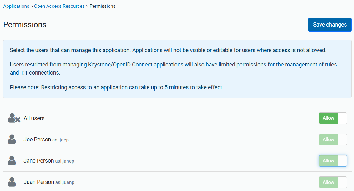 List of individual users and the option to allow or deny them permissions, together with an option to set permissions for all users. 'All users' is currently set to 'Allow'.
