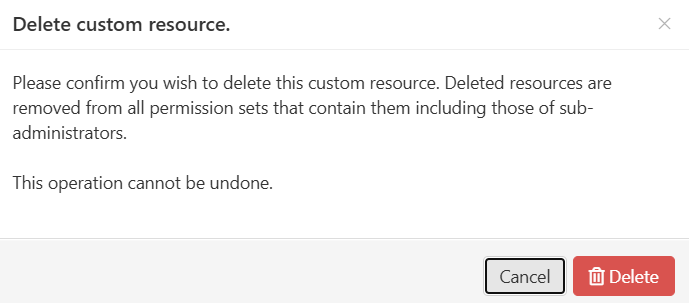 Pop-up dialog titled 'Delete custom resource'. A message reads, 'Please confirm you wish to delete this custom resource. Deleted resource are removed from all permission sets that contain them including those of sub-administrators. This operation cannot be undone.' Following this are 'Delete' and 'Cancel' buttons.
